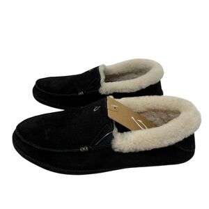 Olukai Kuuna Women’s Size 7 leather suede real fur slippers Black NWT